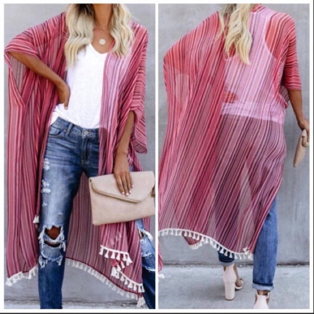 NEW‼️MAROON PINK Striped Tassel beach- Kimono - Picture 1 of 5